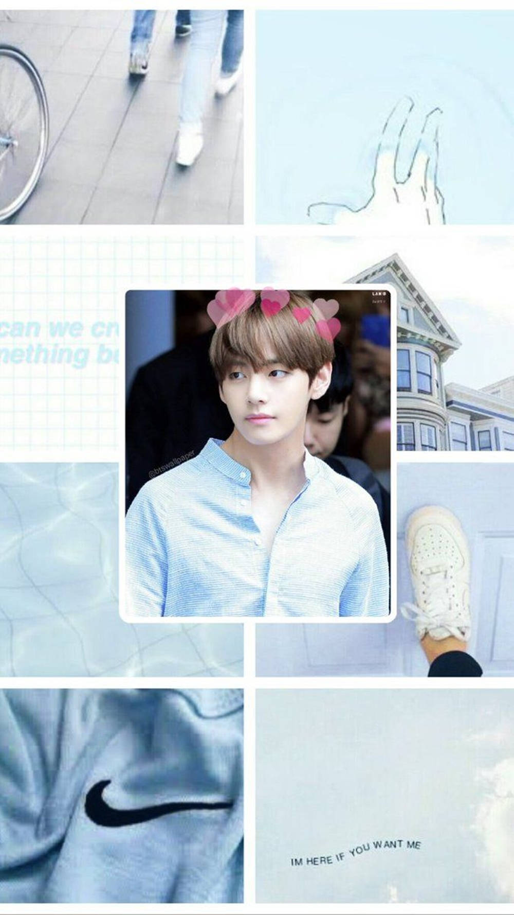 kim taehyung 桌布 壁紙 — 一個拼貼畫，捕捉了一位身穿淺藍色襯衫的年輕男子、運動鞋、單車輪和維多利亞式房屋的自然瞬間。