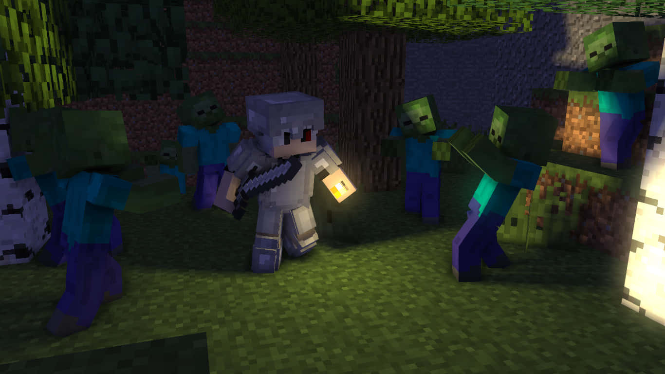 Minecraft Zombie 桌布 壁紙 — 一個拿著火炬嘅Minecraft玩家喺森林中挑釁咁企喺度，而喪屍群從四面八方逼近。
