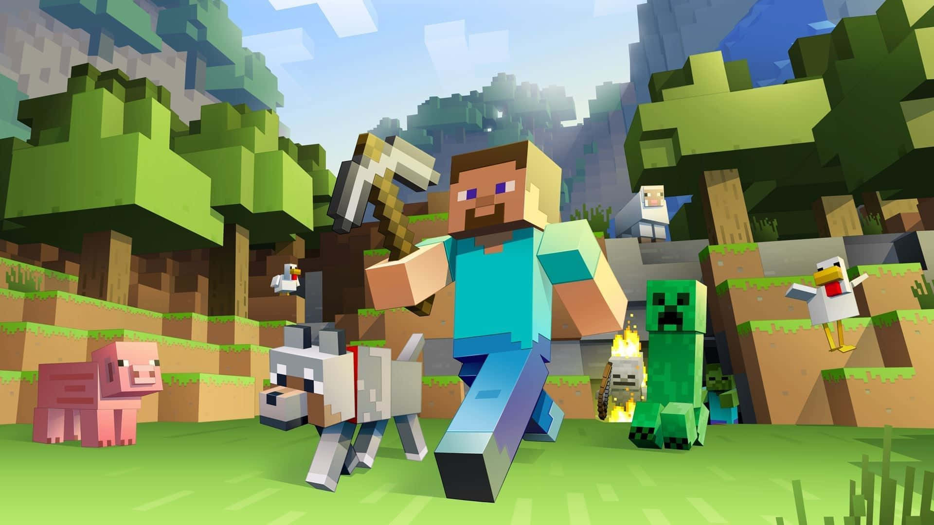 Best Minecraft 桌布 壁紙 — 一個拿著鎬的Minecraft玩家站在充滿活力的像素森林中，附近有動物和苦力怕。