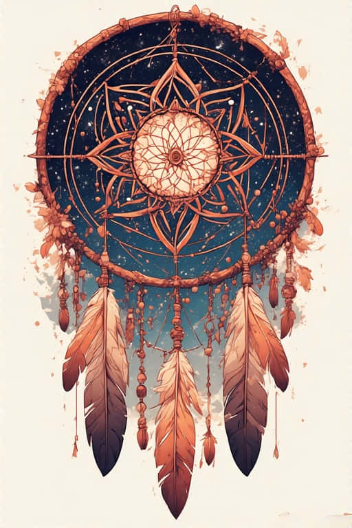 Boho Dreamcatcher Under Starry Sky 4K 壁紙 — 一個捕夢網，帶有複雜的幾何圖案和懸掛的羽毛，背景是繁星點點的夜空。