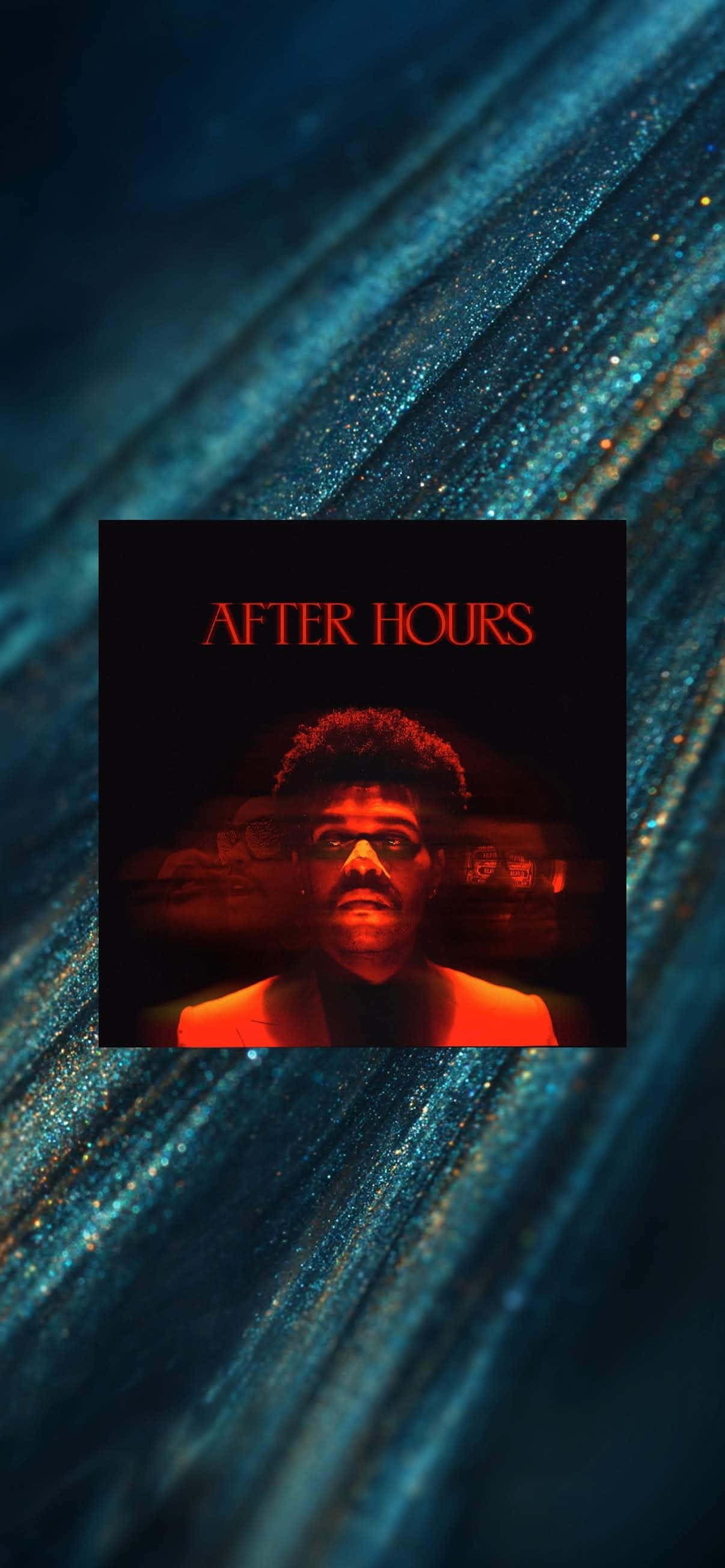 The Weeknd After Hours 桌布 壁紙 — 一個捲髮男人在黑暗背景中強烈凝視，背景有發光的橙色文字「AFTER HOURS」，周圍環繞著藍色閃粉條紋。
