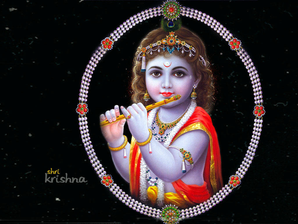 Krishna Arjun 桌布 壁紙 — 一個捲髮的神聖小孩在鑲有寶石的圓形框架內，對著星空黑色背景吹奏長笛。