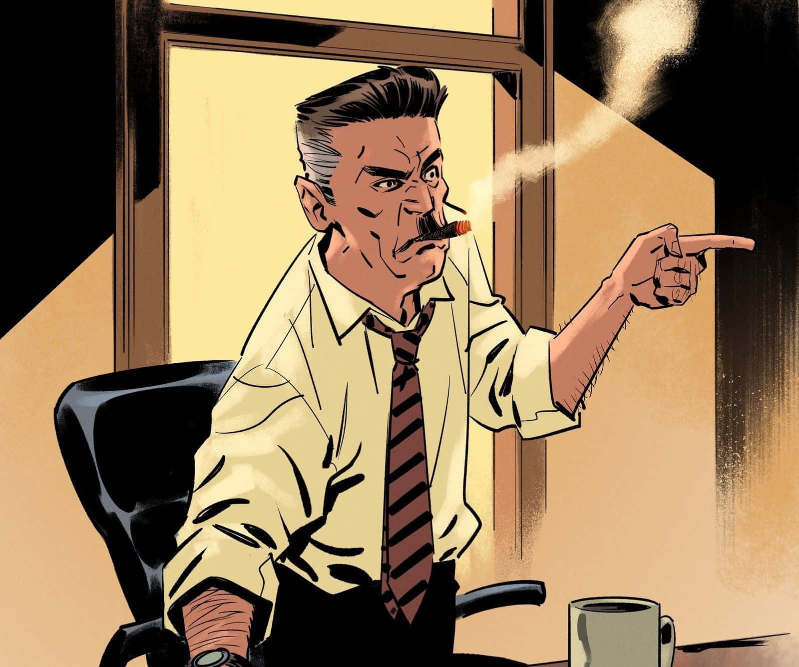 J Jonah Jameson 桌布 壁紙 — 一個插圖中的男人嘴裡叼著雪茄，在窗邊的辦公椅上憤怒地指著。