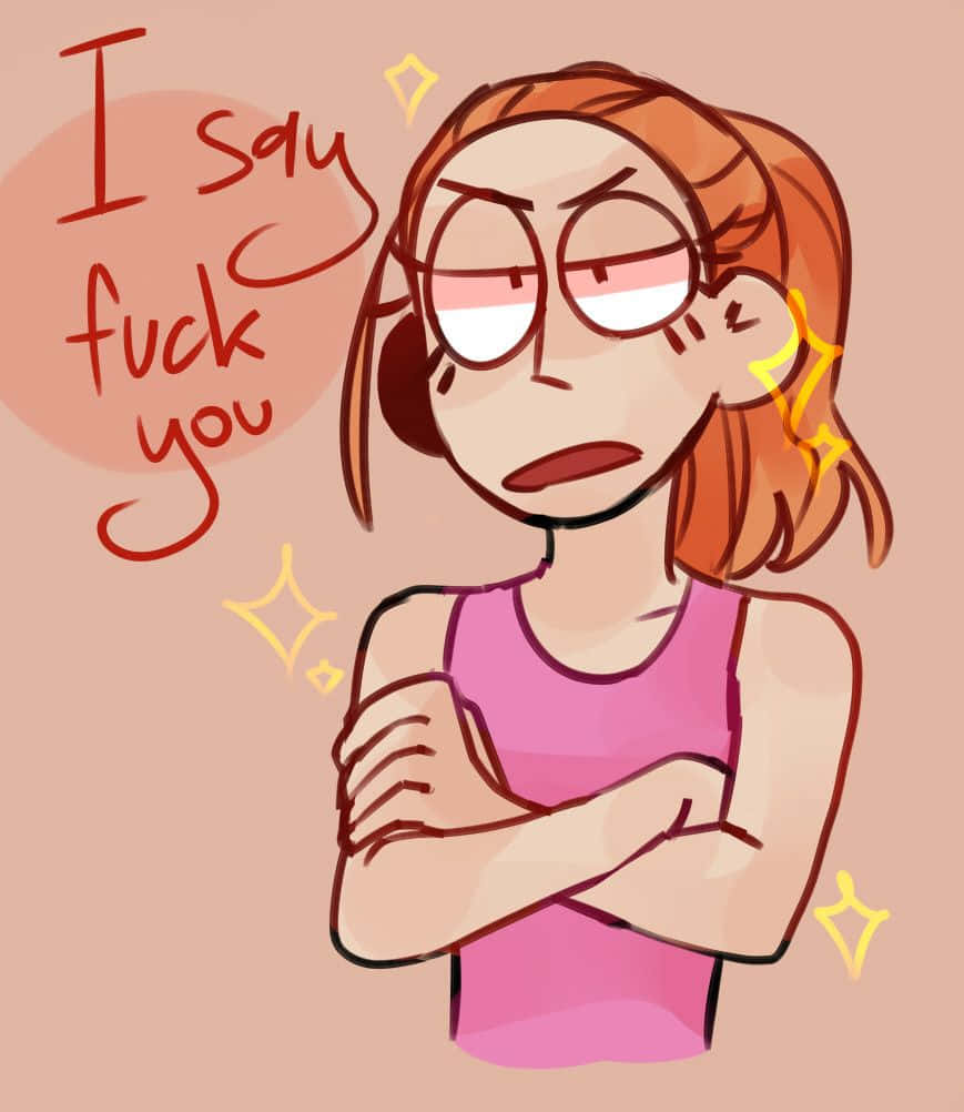Summer Smith 桌布 壁紙 — 一個插圖女孩，紅髮戴眼鏡，交叉雙臂，而一個對話氣泡宣佈「我話去你媽的」，周圍有閃光。