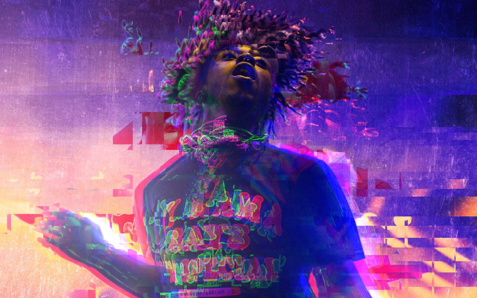 Lil Uzi Vert 桌布 壁紙 — 一個擁有充滿活力的霓虹髮色和故障效果的人，站在碎裂的紫色和橙色數位背景前。