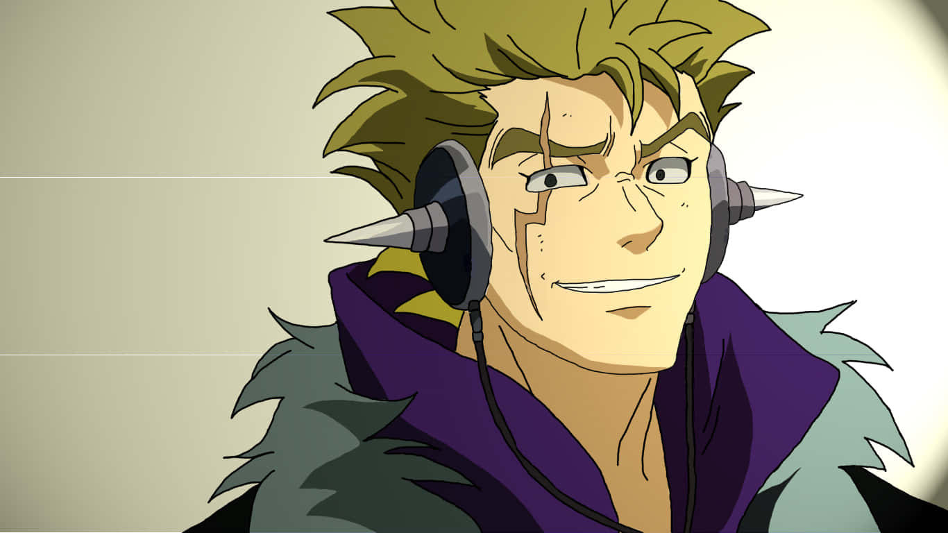 Laxus Dreyar 桌布 壁紙 — 一個擁有刺蝟頭、戴著耳機、身穿紫色外套的動漫男子，在純色背景前自信地微笑。