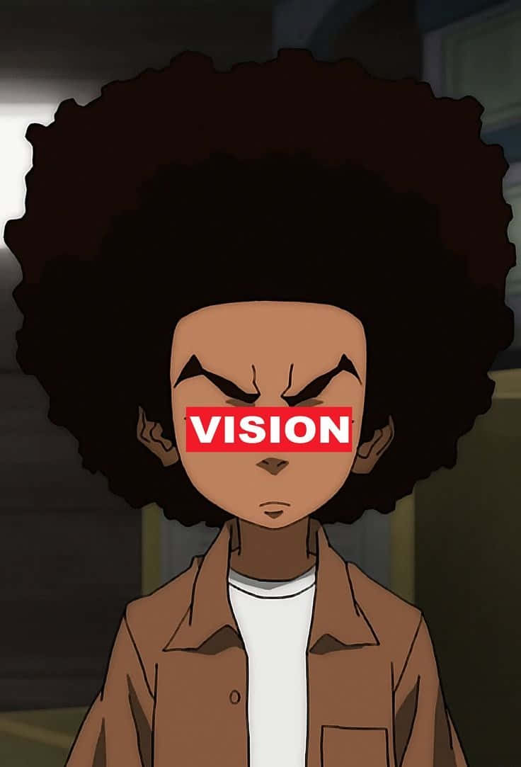 Boondocks Bape Vision 壁紙 — 一個擁有大型爆炸頭和憤怒眼睛的動漫角色，嘴巴上方被VISION這個詞遮擋。