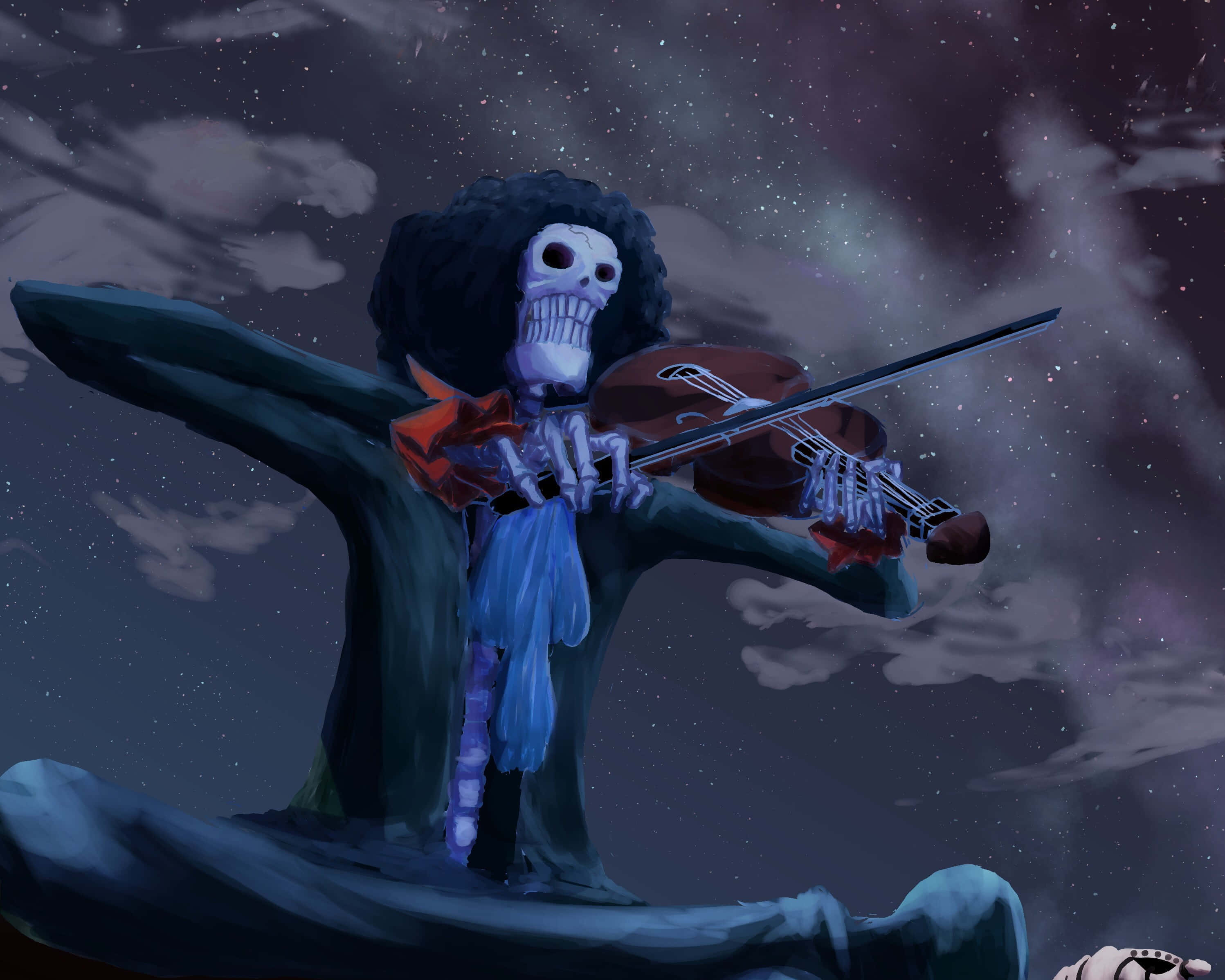 Brook 桌布 壁紙 — 一個擁有大型非洲式髮型的骷髏人物在星空暮色下的樹上演奏小提琴。