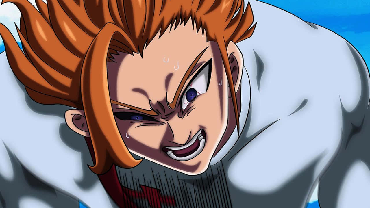 Seven Deadly Sins Arthur Pendragon 桌布 壁紙 — 一個擁有尖刺橙色頭髮和強烈紫色眼睛的動漫角色，在激烈的特寫中咬牙切齒。