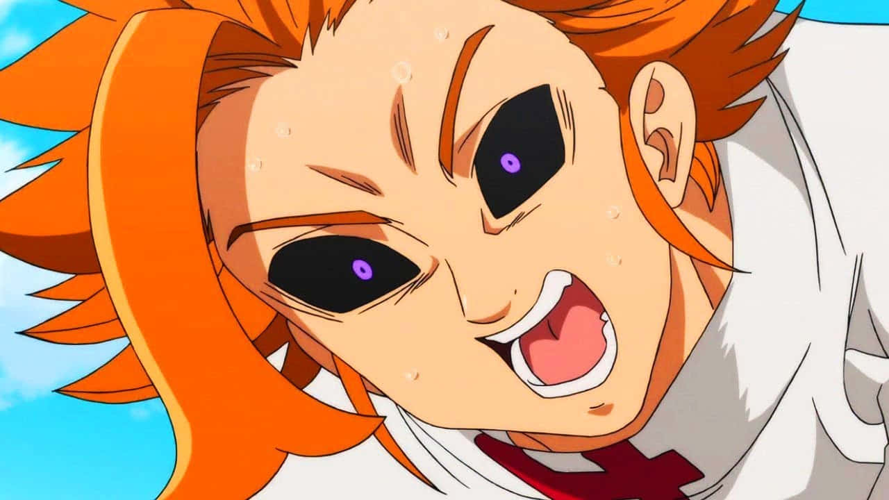 Seven Deadly Sins Arthur Pendragon 桌布 壁紙 — 一個擁有尖刺橙色頭髮和紫色眼睛的動漫角色，在明亮的藍天下激烈尖叫。
