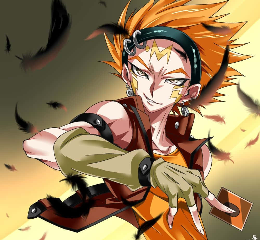 Crow Hogan 桌布 壁紙 — 一個擁有尖刺橙色頭髮和閃電標記的動漫角色，在溫暖漸變背景中漂浮的黑色羽毛間擺出動態姿勢。