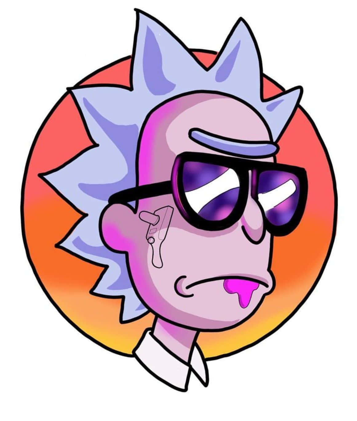 Total Rickall 桌布 壁紙 — 一個擁有尖刺紫色頭髮和太陽眼鏡的卡通角色，在溫暖漸變圓形背景上滴著粉紅色黏液。