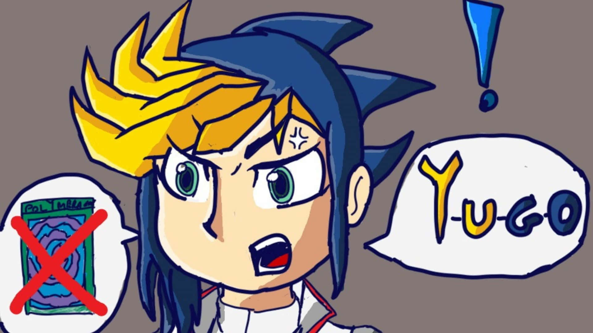 Yu-gi-oh Yugo 桌布 壁紙 — 一個擁有尖刺藍色和黃色頭髮的動漫角色，一邊瞪著一張被劃掉的卡片，一邊大喊「Yugo」。
