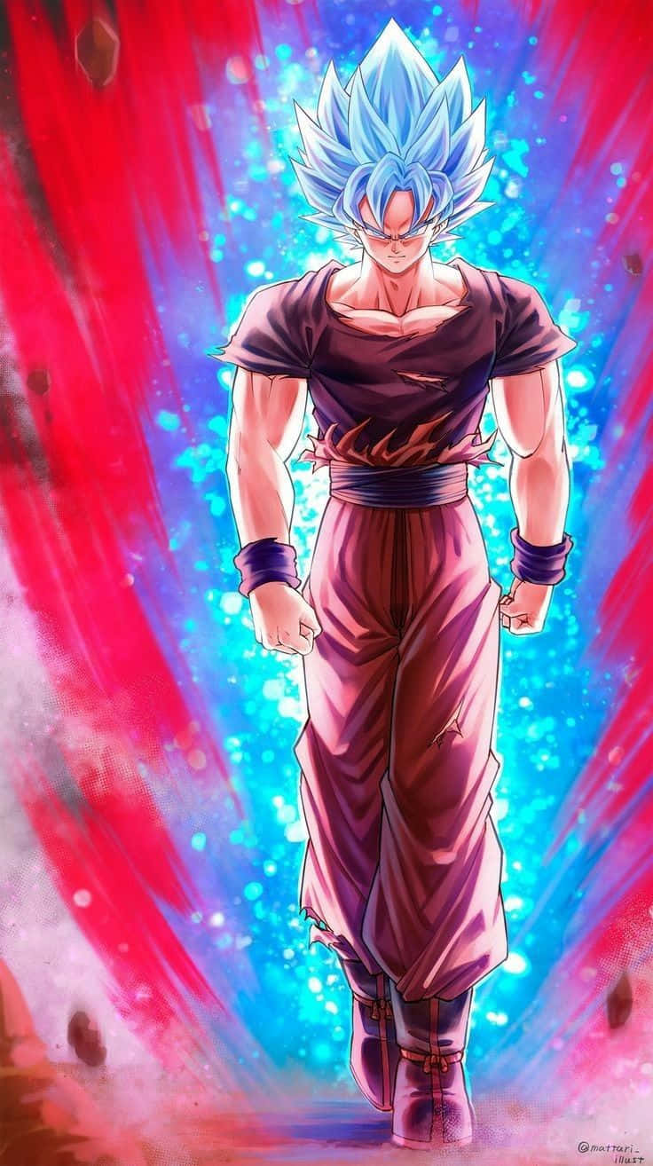 Goku Kaioken 桌布 壁紙 — 一個擁有尖刺藍色頭髮的強大動漫戰士，自信地站在充滿活力的紅藍宇宙背景前。
