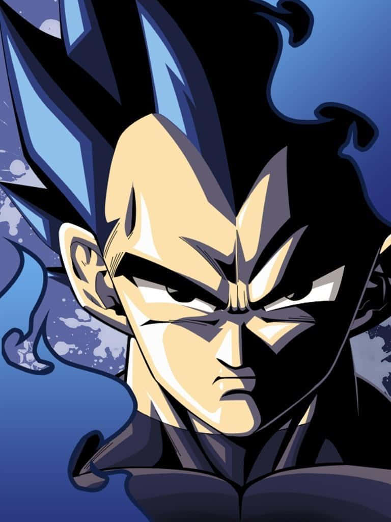 Vegeta Art 桌布 壁紙 — 一個擁有尖刺藍髮和銳利眼神的兇猛動漫戰士，在動態藍色背景前凝視前方。