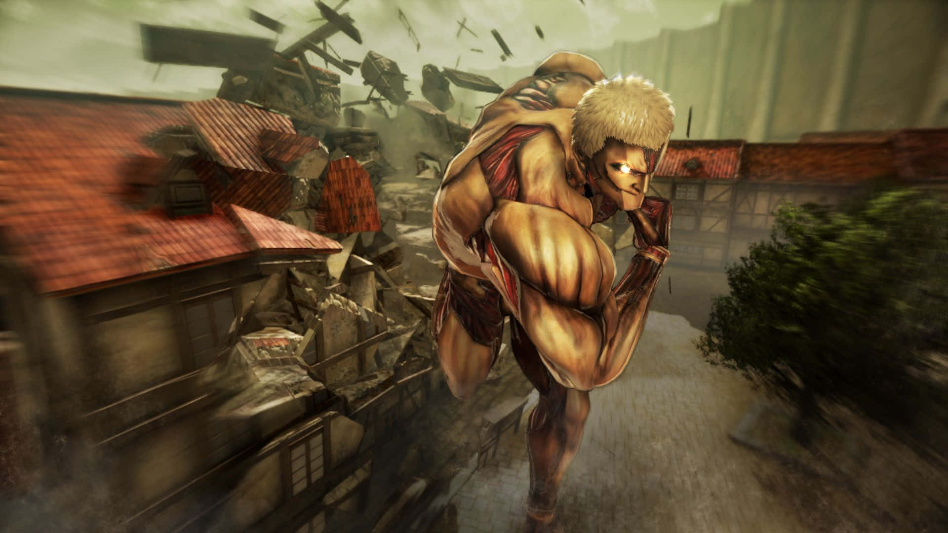 Armored Titan 桌布 壁紙 — 一個擁有尖刺金髮的巨型人形巨人，跳過一個屋頂紅色、碎片飛揚的破碎村莊。