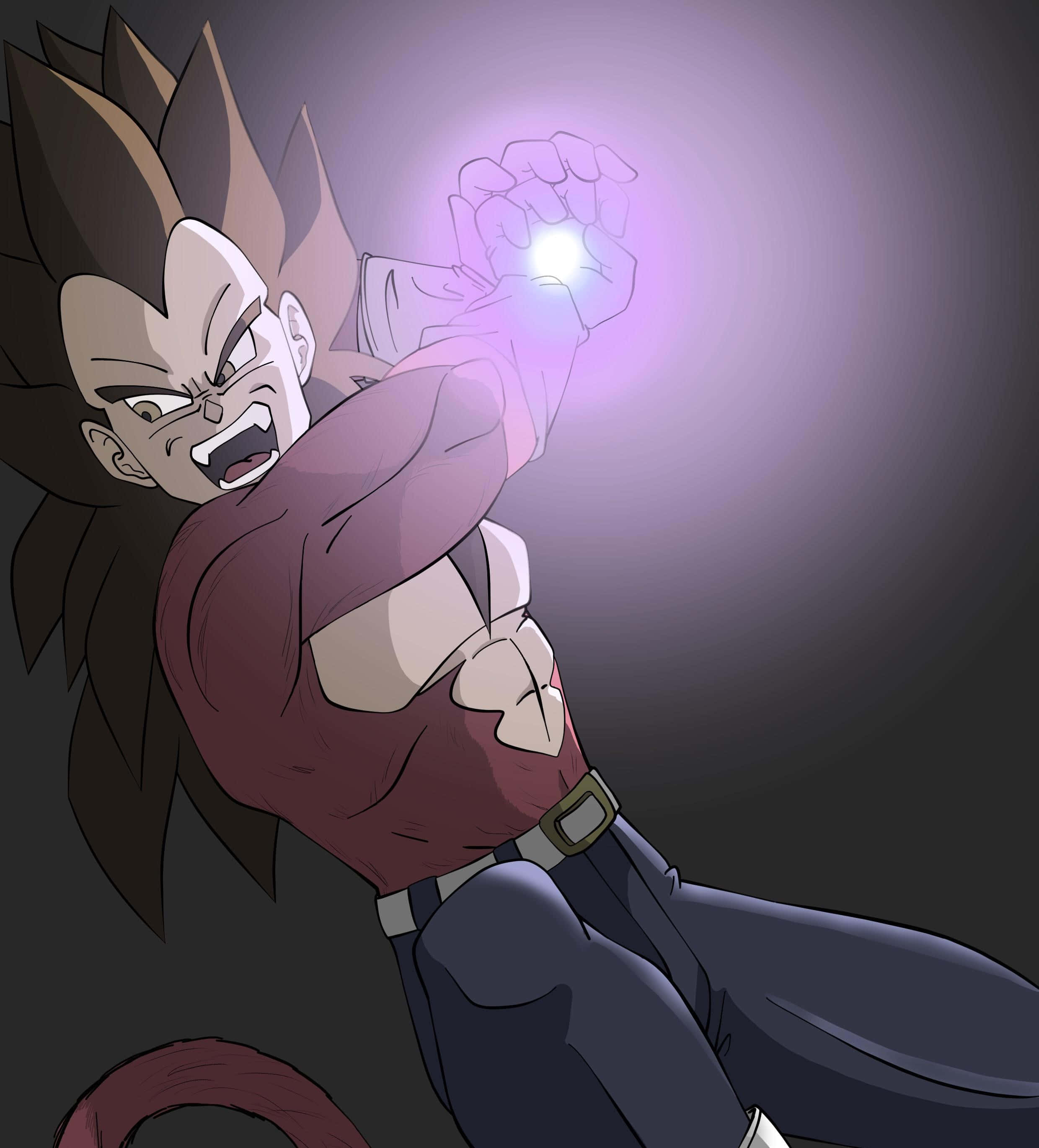 Vegeta Galick Gun 桌布 壁紙 — 一個擁有尖刺頭髮和尾巴的動漫角色，在深色漸變背景前將紫色能量匯聚到發光的拳頭中。