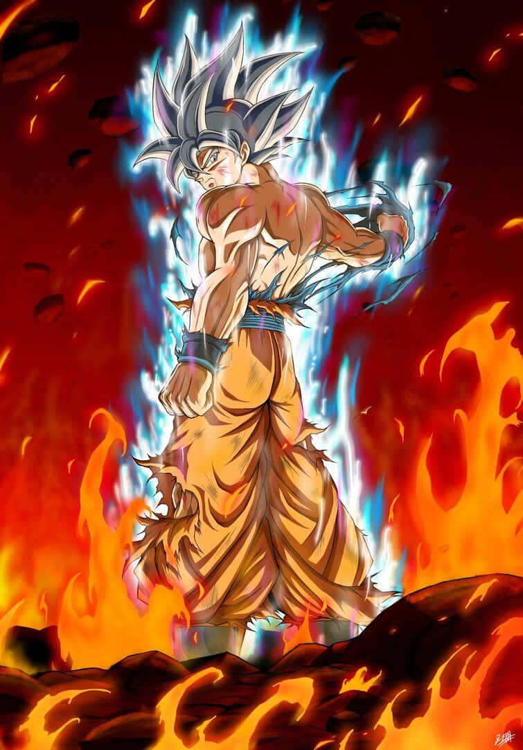 Mui Goku 桌布 壁紙 — 一個擁有尖刺頭髮和發光氣場的強大動漫戰士，站在熾熱的熔岩和發光的藍色能量之中。