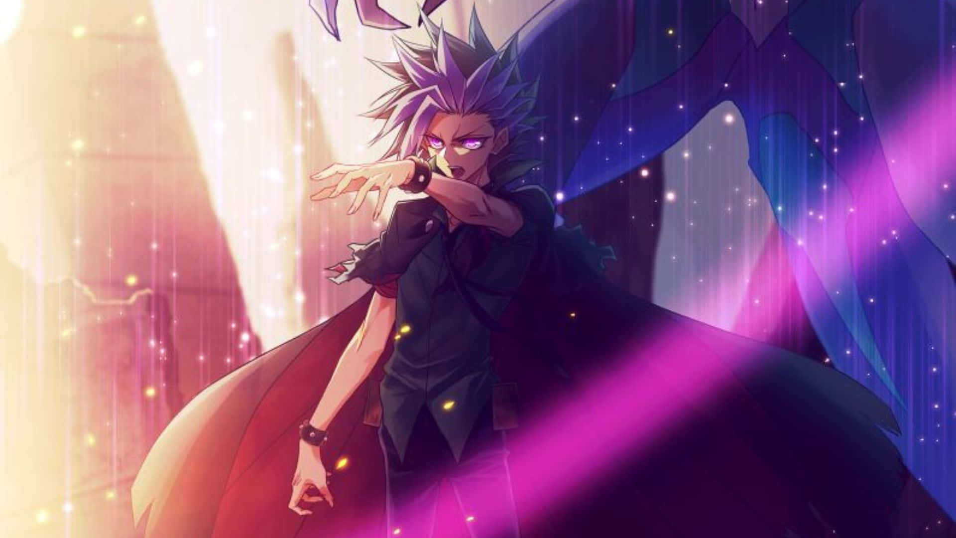 Yu-gi-oh Yuto 桌布 壁紙 — 一個擁有尖刺頭髮和發光紫色眼睛的動漫角色，在充滿活力的宇宙場景中引導魔法能量。
