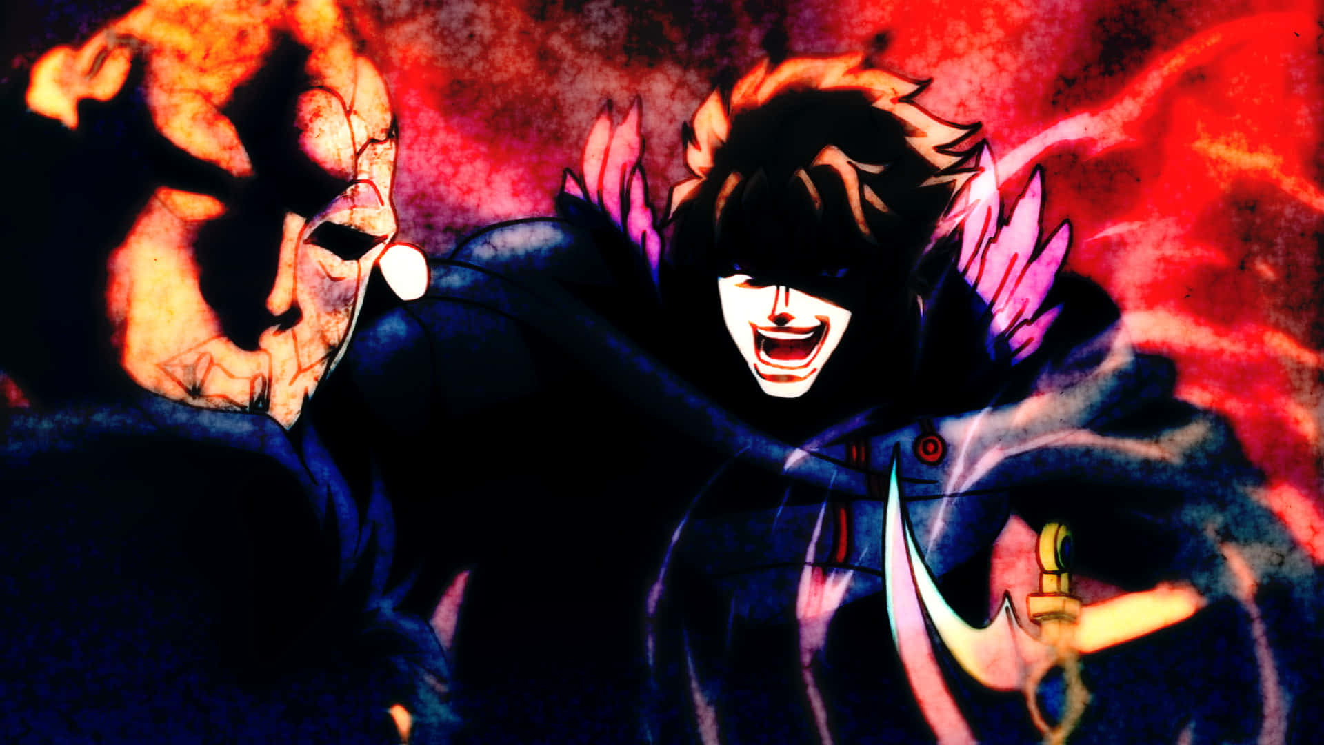Dio Brando 桌布 壁紙 — 一個擁有尖刺頭髮和粉紅色翅膀的動漫角色，在火紅和橙色的背景下，手持彎曲的刀刃狂笑。