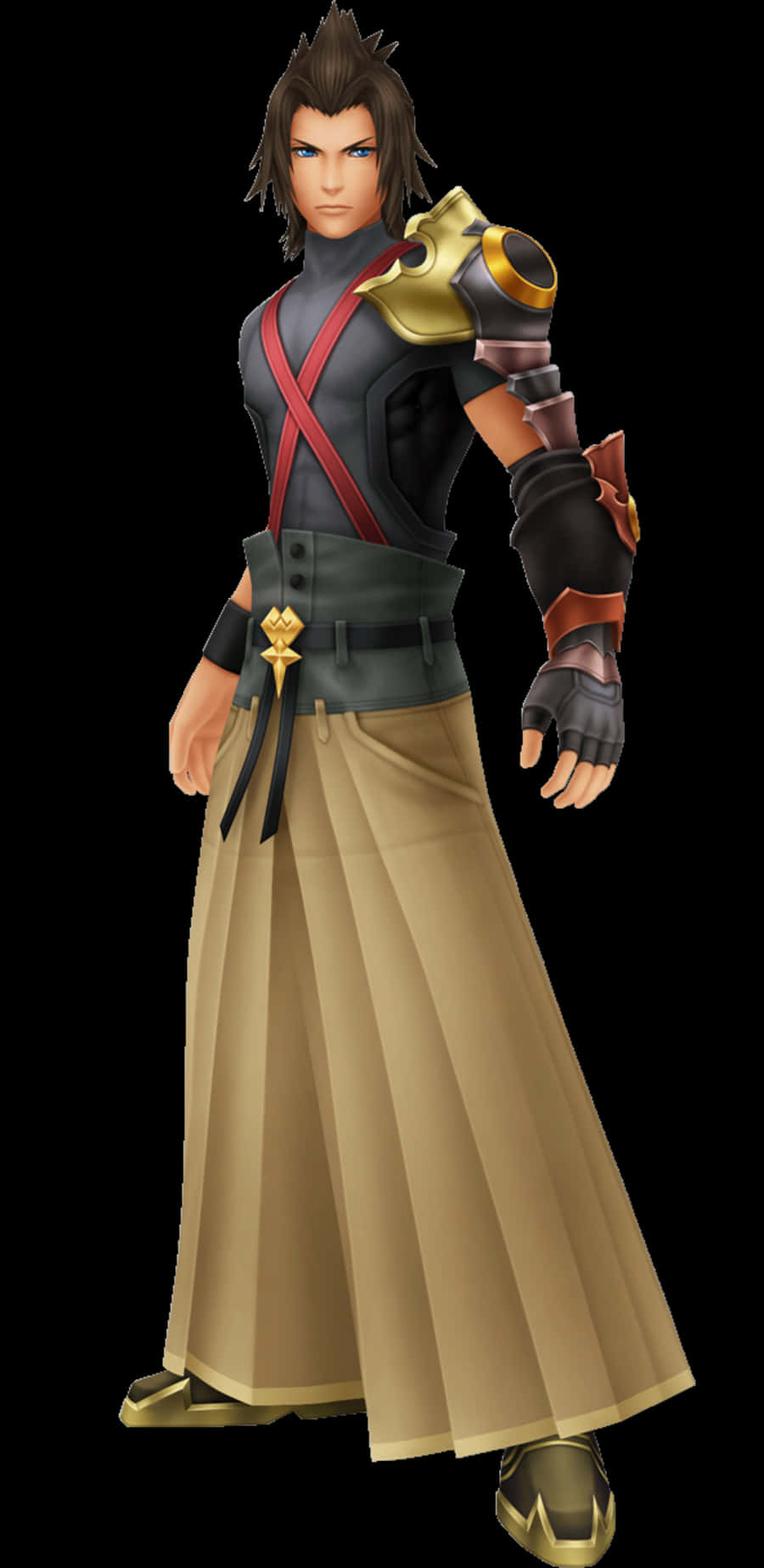 Kingdom Hearts Terra 桌布 壁紙 — 一個擁有尖刺黑髮和堅定表情的電子遊戲角色，在黑色背景前穿著分層盔甲和飄逸的米色裙子。