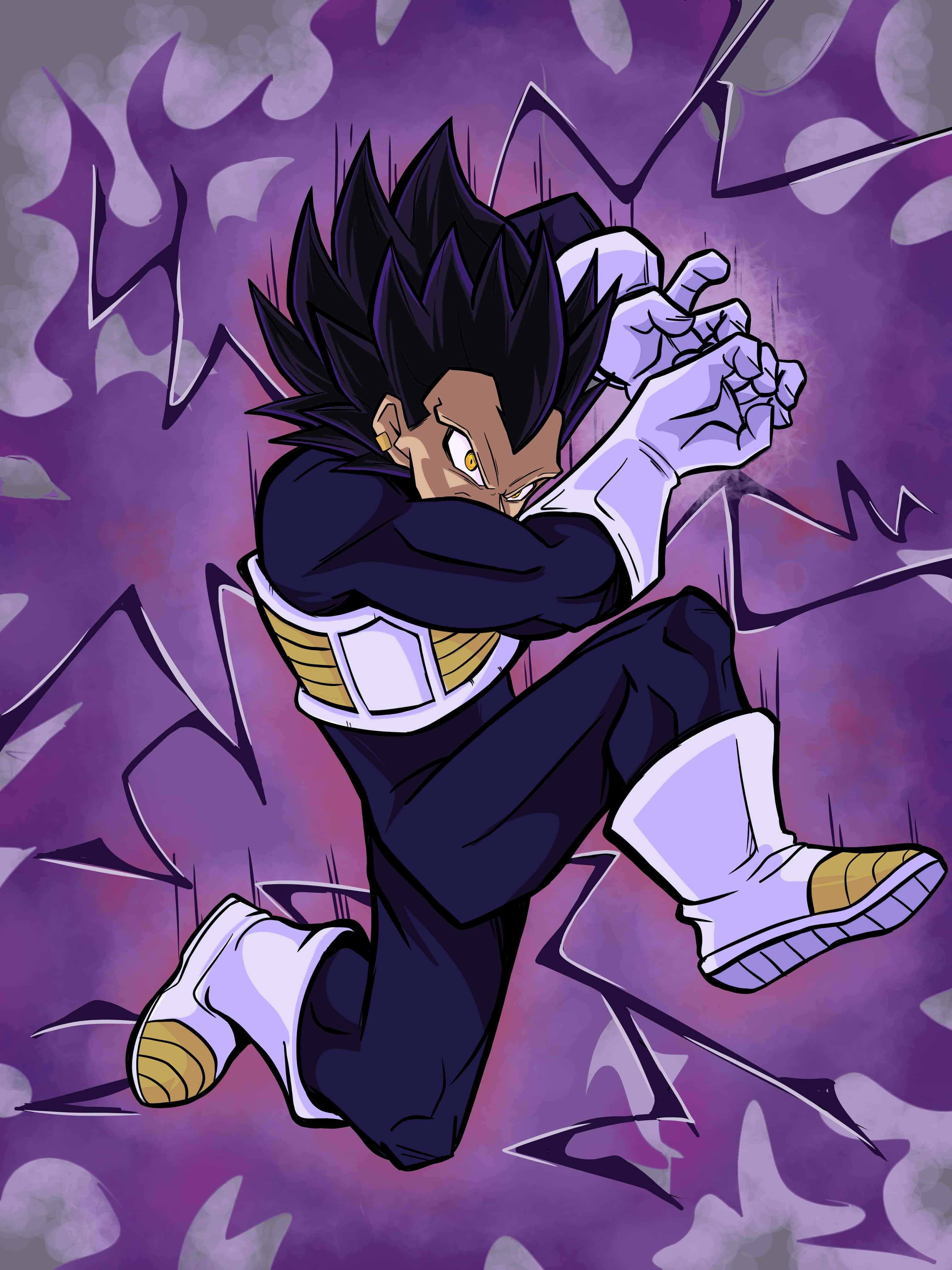 Vegeta's Galick Gun 桌布 壁紙 — 一個擁有尖刺黑髮和發光眼睛的強大動漫角色，在旋轉的紫色能量背景下擺出動態姿勢。