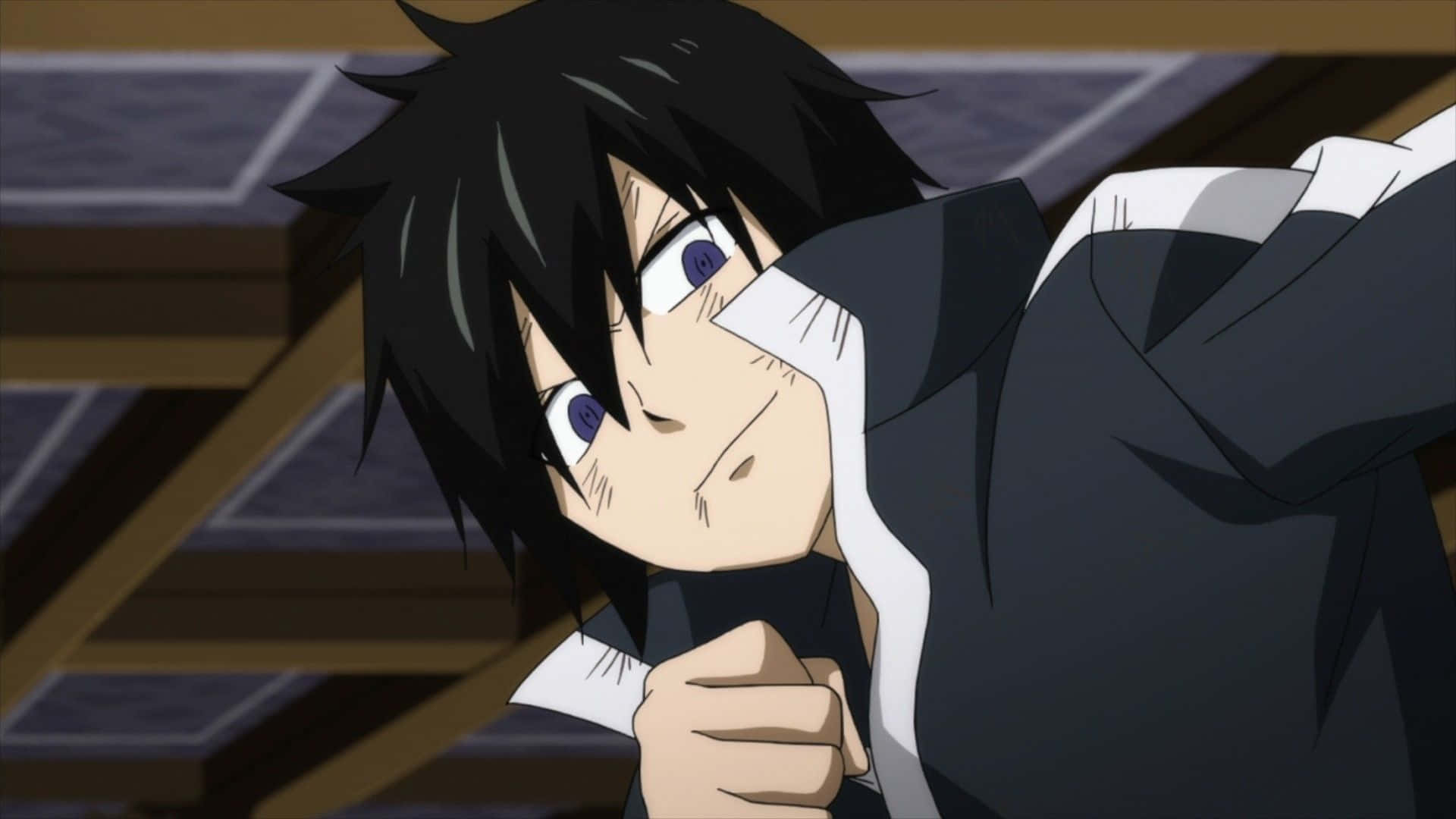 Zeref Dragneel 桌布 壁紙 — 一個擁有尖刺黑髮和紫色眼睛的動漫角色，握緊拳頭，表情堅定。