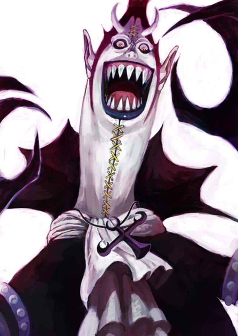 gecko moria 桌布 壁紙 — 一個擁有尖牙、角和縫合頸部的怪誕動漫惡魔，在純白背景下咆哮。