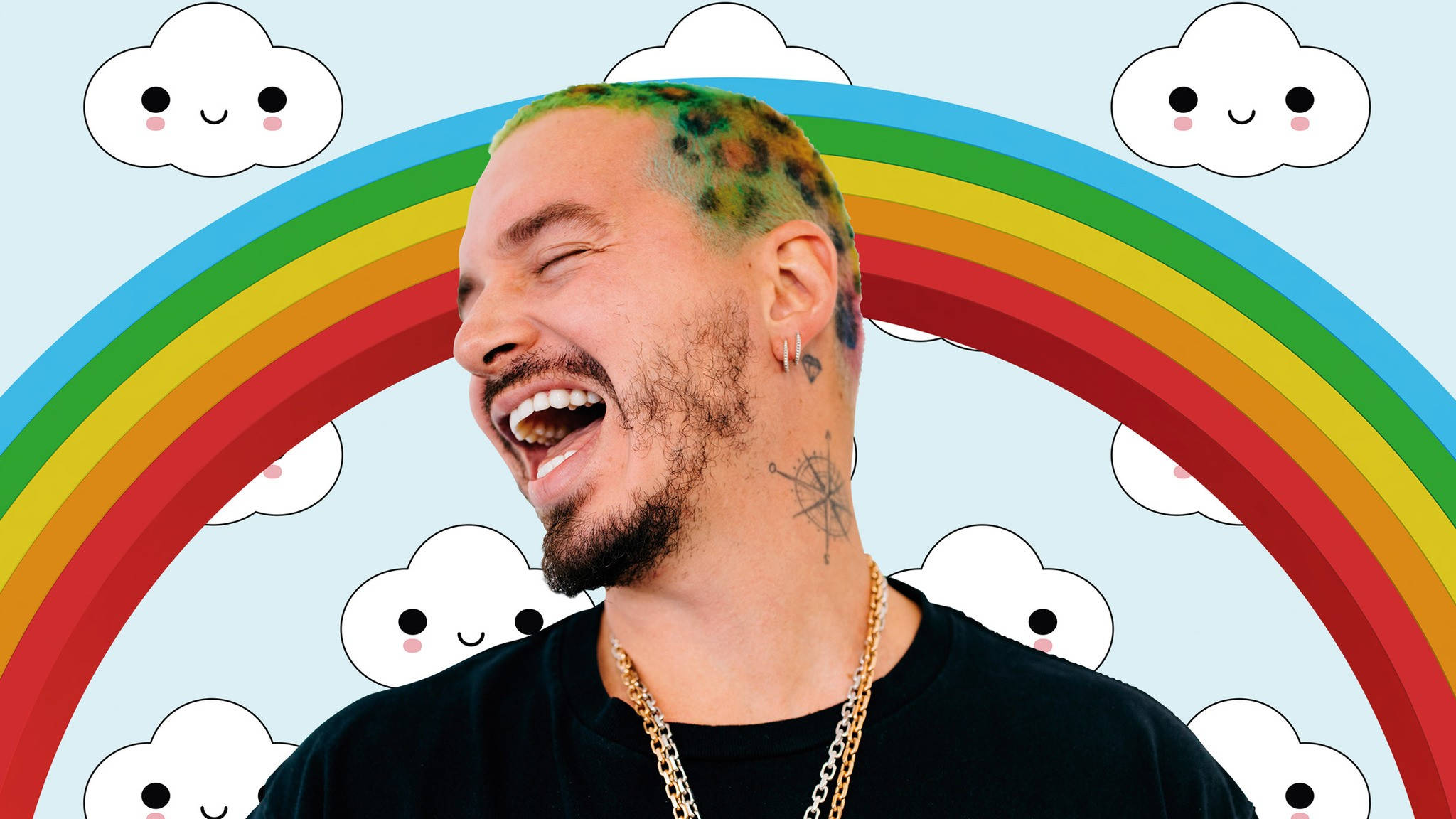 J Balvin《Arcoiris》 壁紙 — 一個擁有彩色頭髮的男人在卡通彩虹和微笑雲朵的背景前開懷大笑。