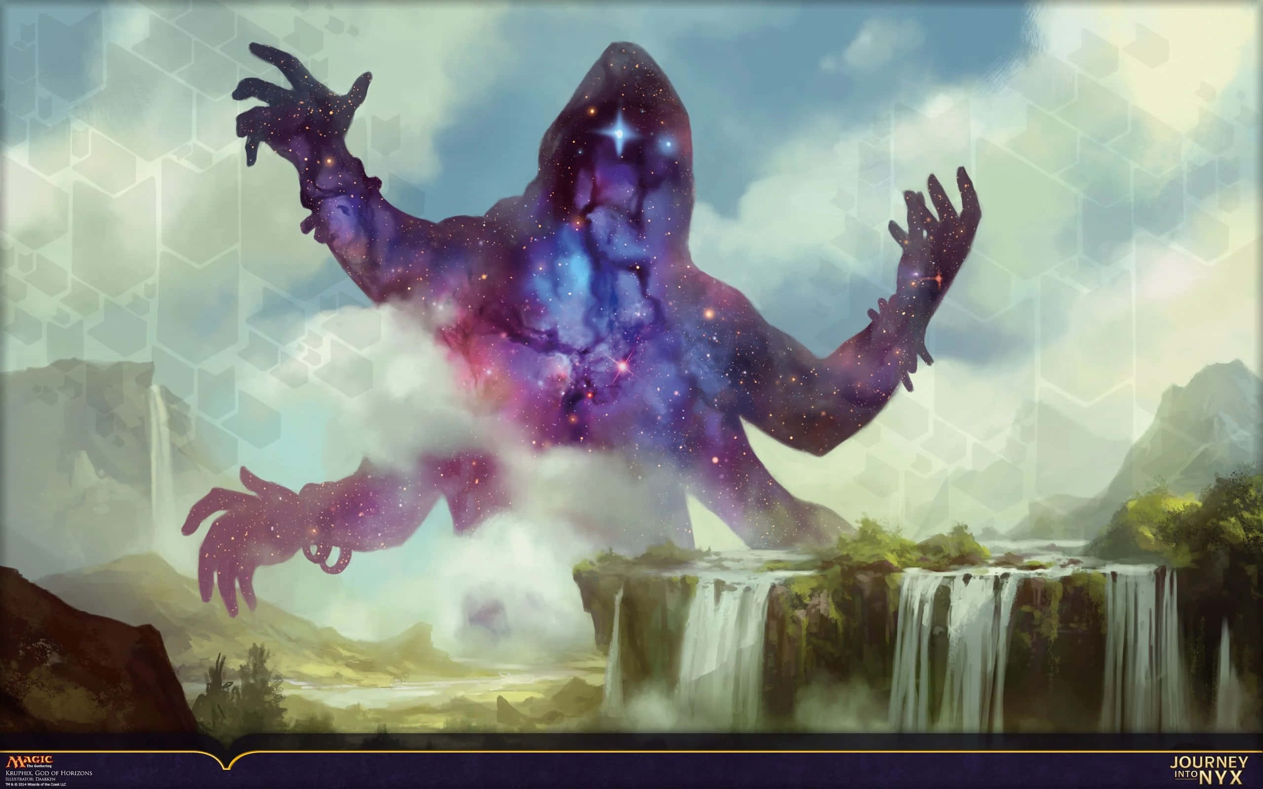 魔法風雲會 桌布 壁紙 — 一個擁有星塵皮膚的宇宙星雲巨人從迷霧瀑布中出現，構成超現實的奇幻景觀。