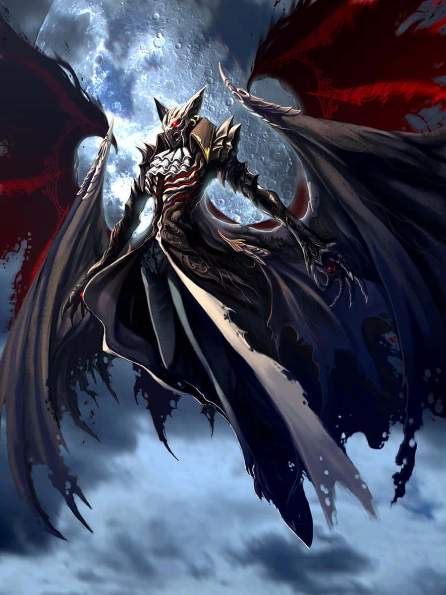 Vampire Lord 桌布 壁紙 — 一個擁有暗黑翅膀、發光紅眼和華麗盔甲的惡魔形象，在暴風雨的天空中翱翔，背後有一輪巨大的月亮。