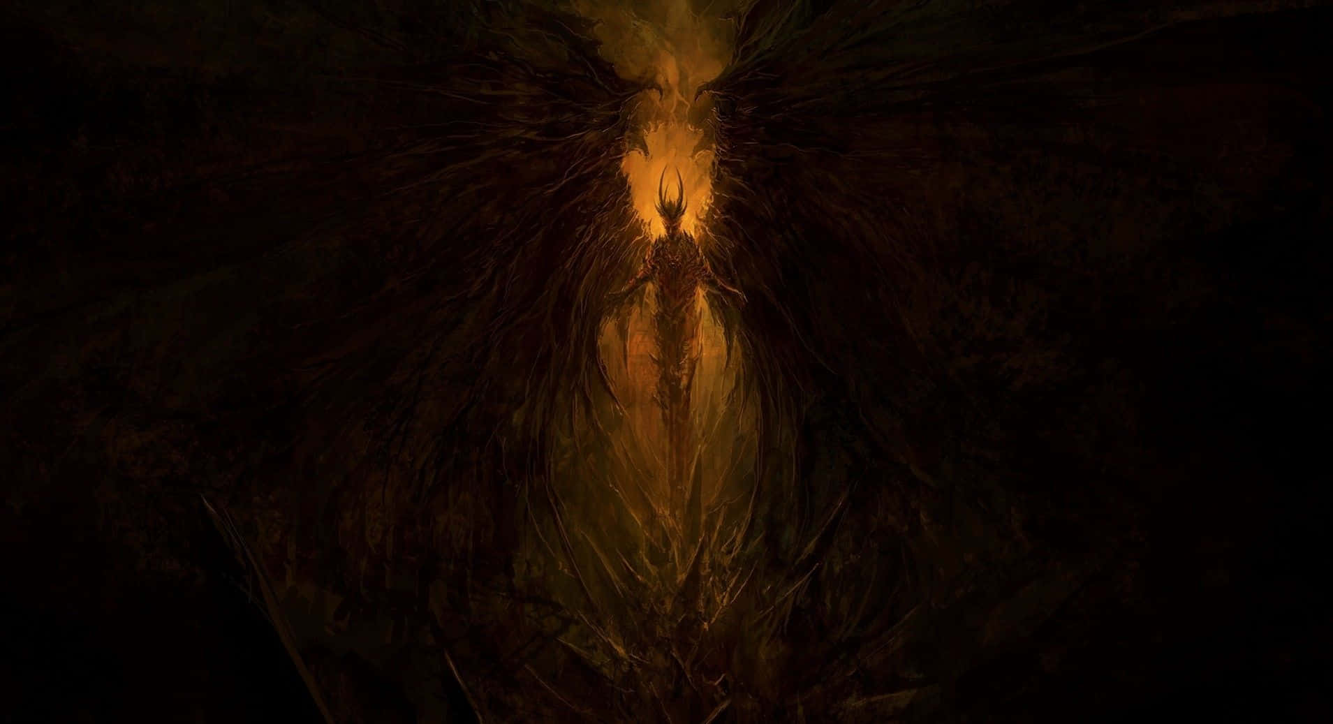 Lucifer Wings 桌布 壁紙 — 一個擁有暗黑翅膀、發光角嘅惡魔形象，喺金色光芒照射下，企喺陰影虛空之中。
