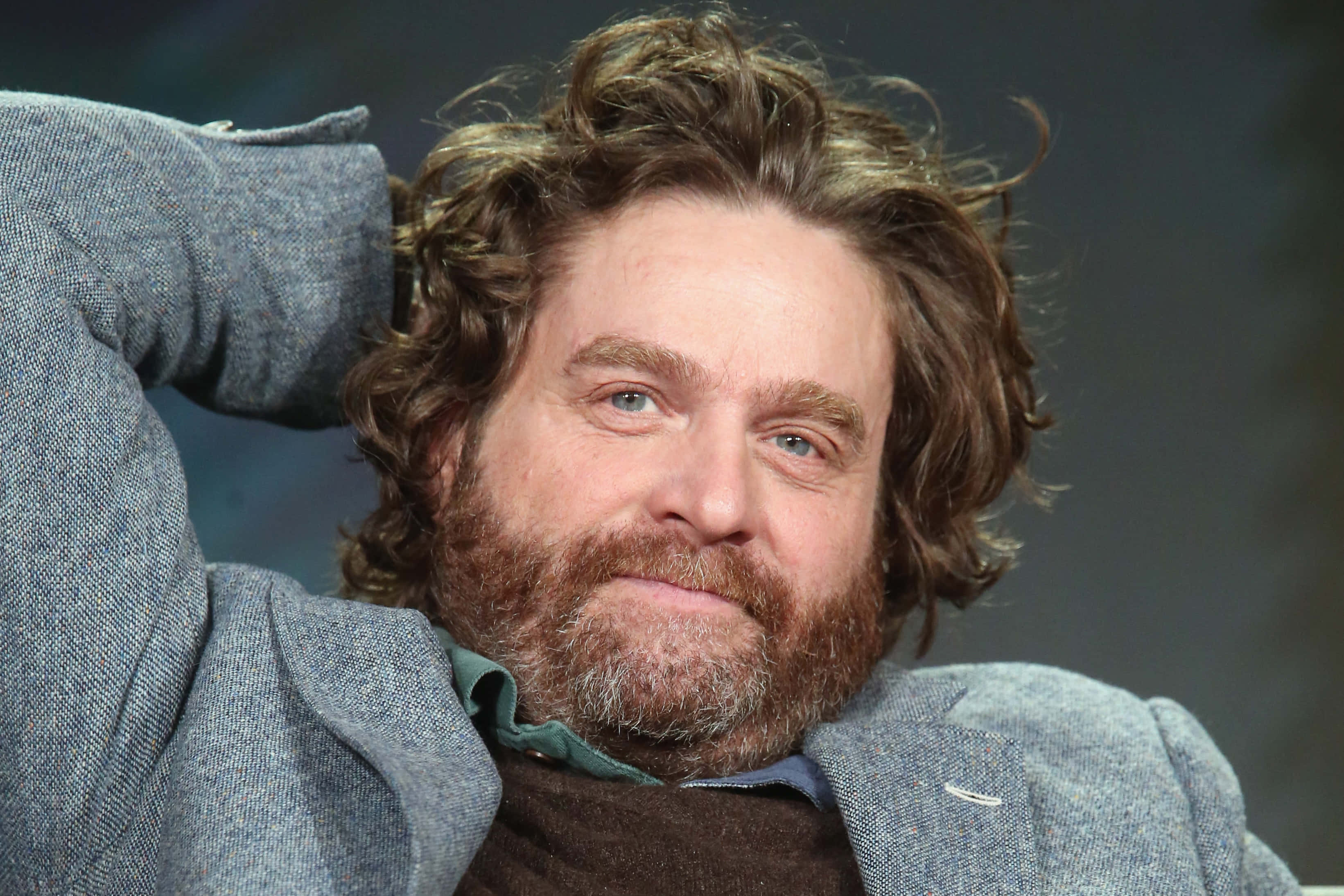 Zach Galifianakis 桌布 壁紙 — 一個擁有棕色捲髮和濃密鬍鬚的男人，穿著灰色西裝外套，微笑著將頭靠在手上。