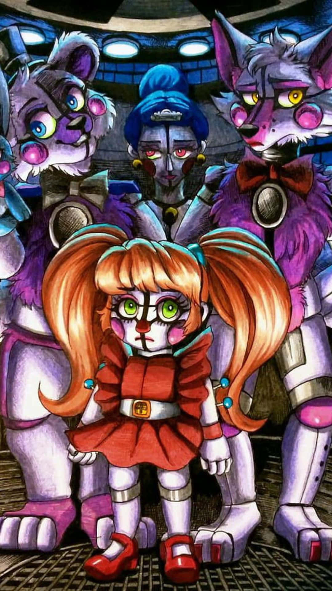 Fnaf Sister Location 桌布 壁紙 — 一個擁有橙色辮子和綠色眼睛的年輕女孩，站在一個昏暗的工業環境中，面對三個威脅性的電子動畫生物。