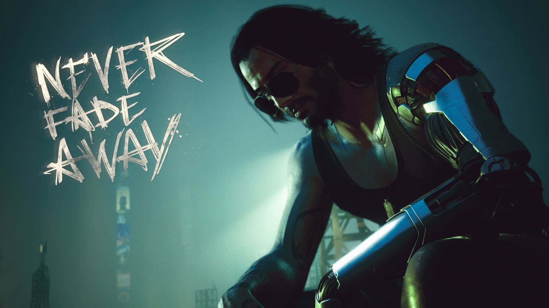 Cyberpunk 2077 Characters 桌布 壁紙 — 一個擁有機械手臂和太陽眼鏡的賽博龐克戰士，在聚光燈下的霓虹都市迷霧中蹲伏。