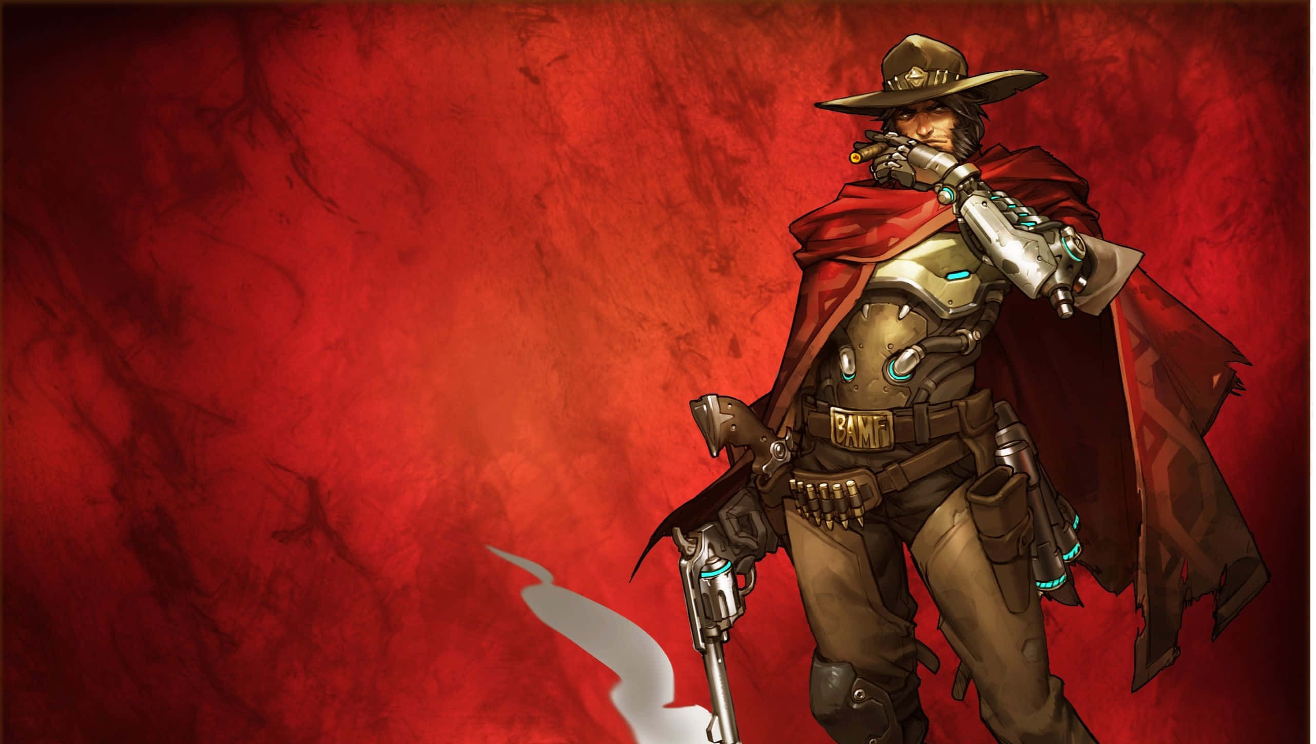 Overwatch Mccree 桌布 壁紙 — 一個擁有機械臂和紅色斗篷的牛仔，在質感深紅背景前抽雪茄。