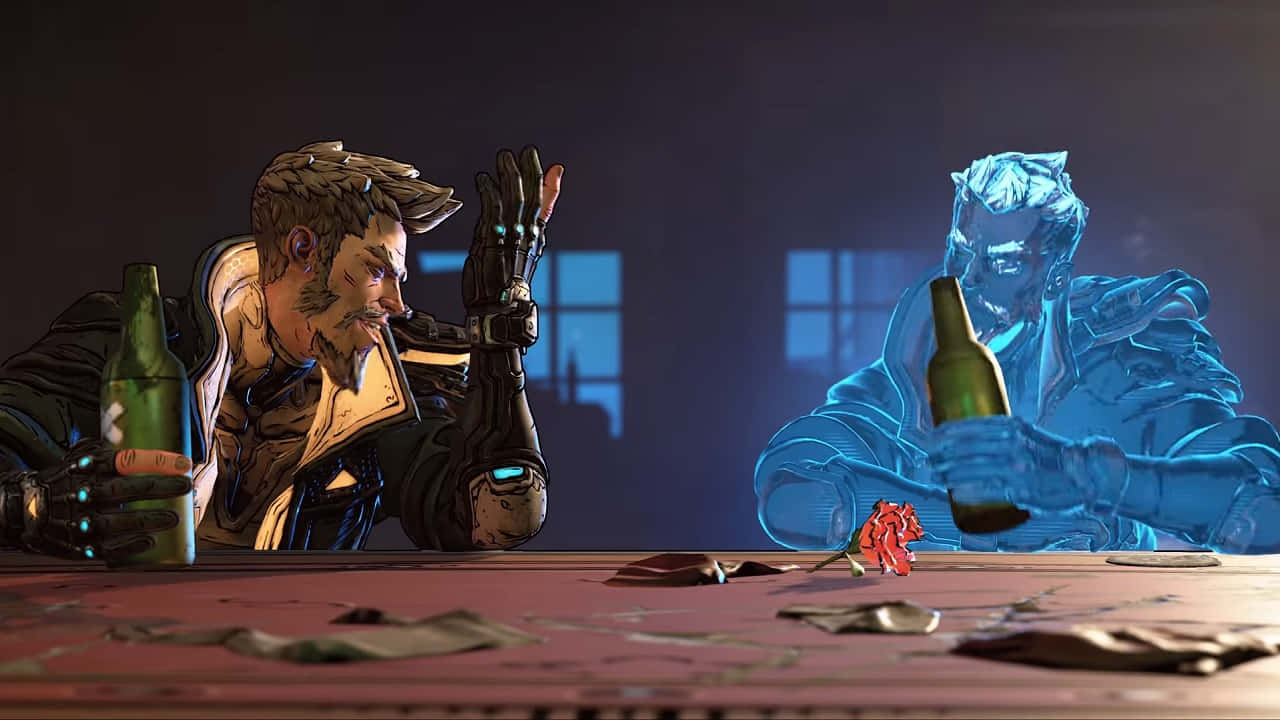 Borderlands Characters 桌布 壁紙 — 一個擁有機械臂的男人坐在酒吧，與一個發光的藍色幽靈人物碰瓶。