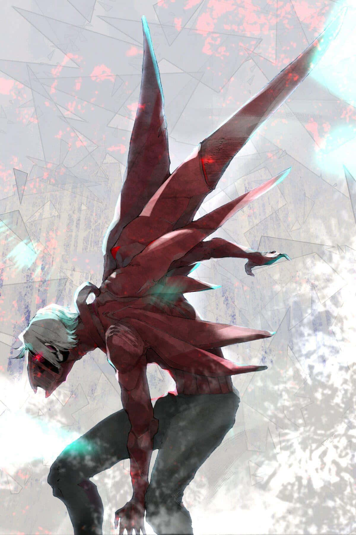 Seidou Takizawa 桌布 壁紙 — 一個擁有深紅色翅膀、發光紅眼和白髮的動漫角色，在破碎玻璃背景下動態地蹲伏著。