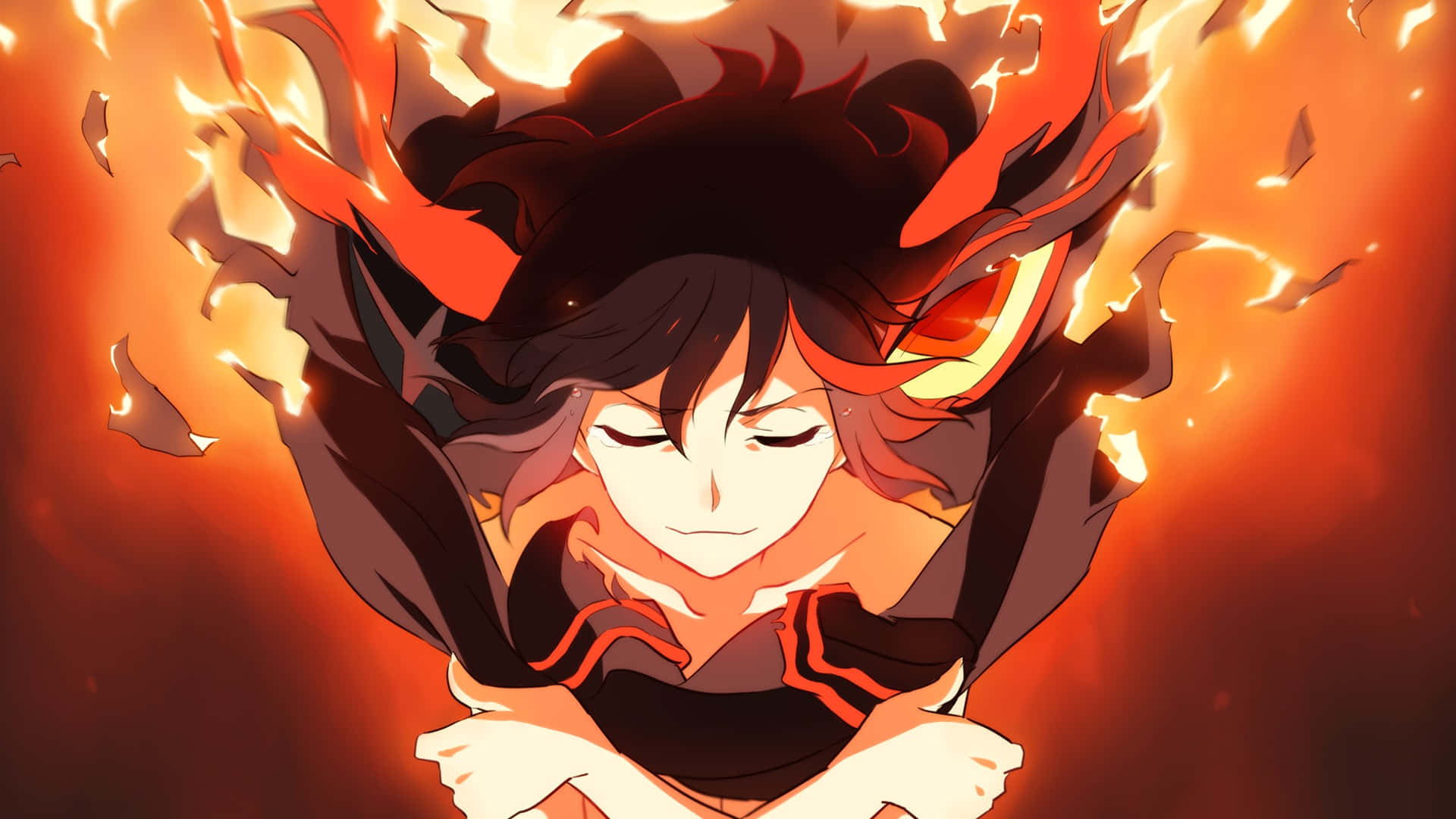 ryuko matoi 桌布 壁紙 — 一個擁有深色頭髮和發光紅色眼睛的動漫角色，被熾熱的橙色火焰和餘燼包圍，擺出動態姿勢。