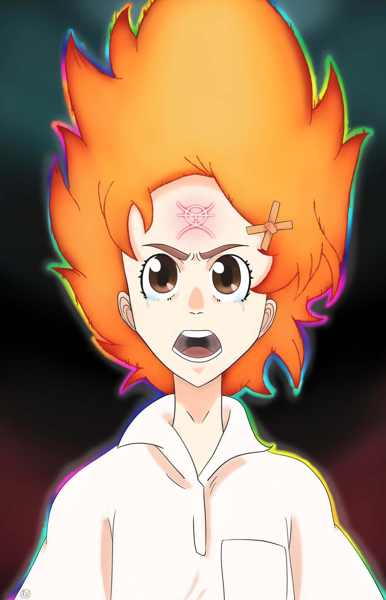 Flcl Alternative 桌布 壁紙 — 一個擁有火橙色頭髮和淚眼的動漫角色，在黑暗背景中帶着彩虹光環震驚地凝視。