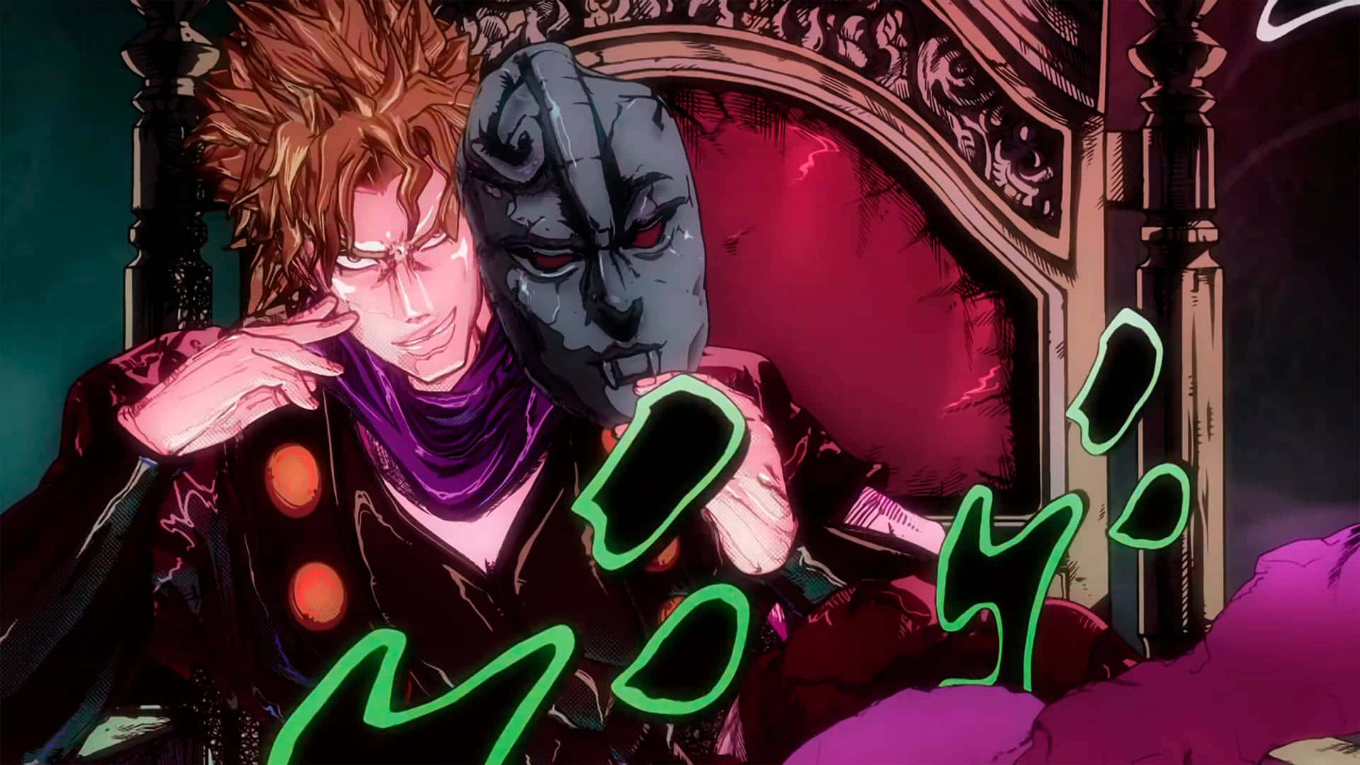 Caesar Anthonio Zeppeli 桌布 壁紙 — 一個擁有火焰般頭髮的動漫角色，在哥德式拱門前抓住一個帶有威脅性的面具人物，伴隨著發光的綠色擬聲詞。