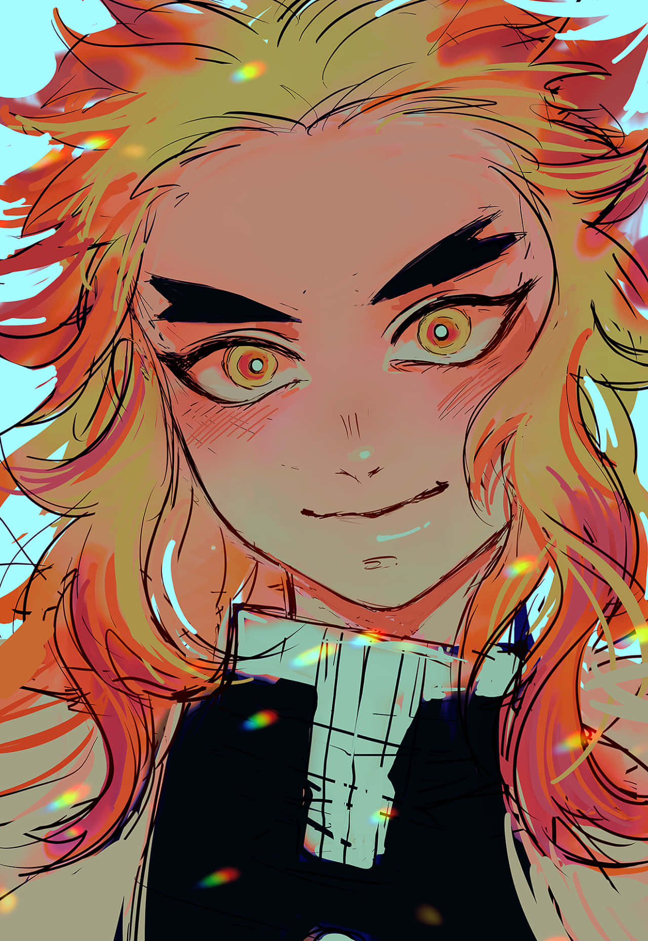 Rengoku Aesthetic 桌布 壁紙 — 一個擁有火紅頭髮、強烈琥珀色眼睛和自信冷笑的動漫角色，背景是發光的藍色。