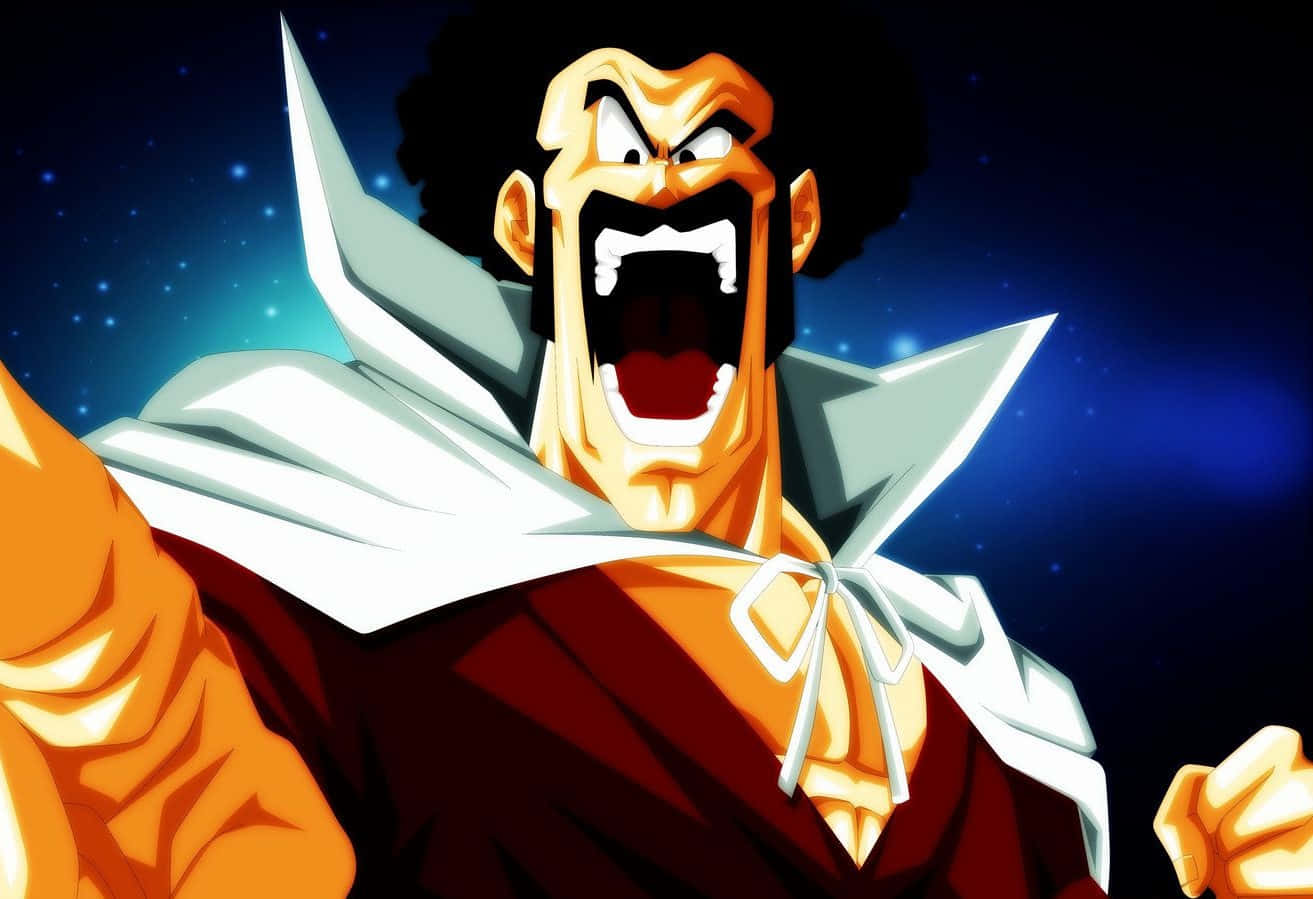 Hercule Satan 桌布 壁紙 — 一個擁有爆炸頭和白色斗篷的動漫角色，在繁星點點的夜空下兇猛咆哮。