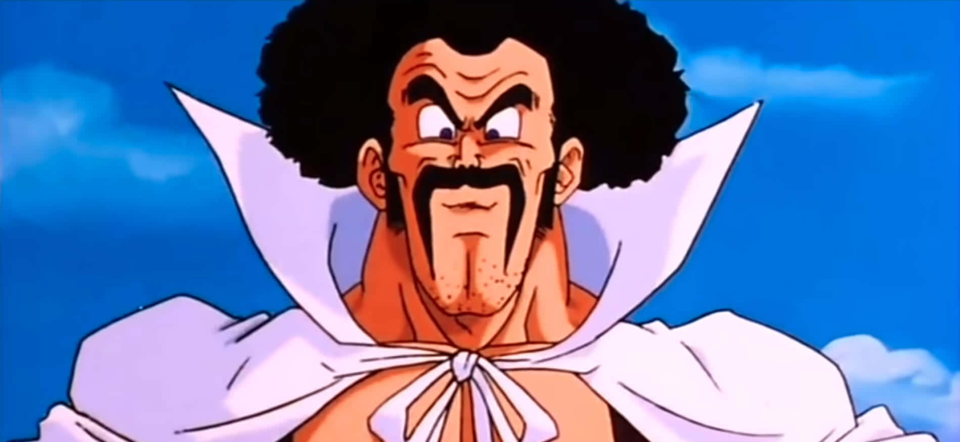 Hercule Satan 桌布 壁紙 — 一個擁有爆炸頭和鬍子的動漫角色，在明亮的藍天下兇狠地瞪著。