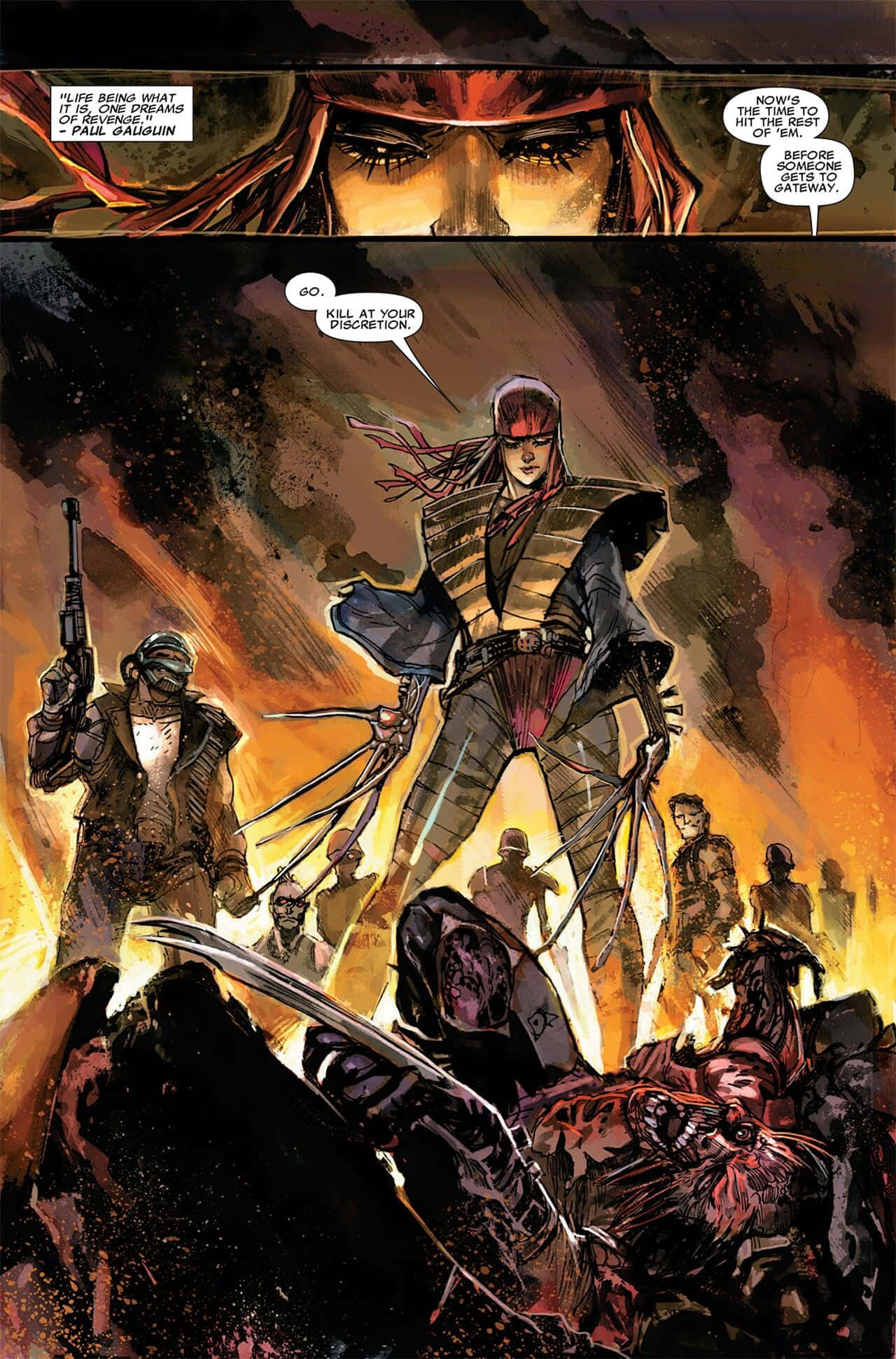 Lady Deathstrike 桌布 壁紙 — 一個擁有爪子和劍的兇猛戰士，在漫畫書面板的火焰戰鬥場景中指揮她的隊伍。