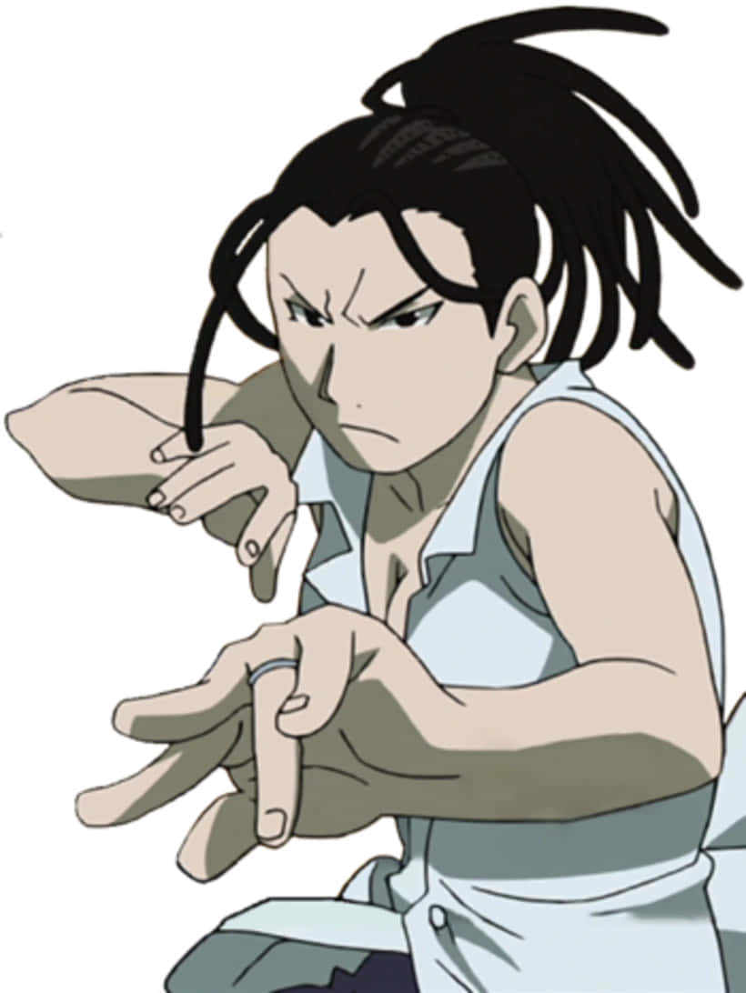 Izumi Curtis 桌布 壁紙 — 一個擁有狂野黑髮和強烈表情的動漫角色，穿著白色無袖襯衫進行手印。