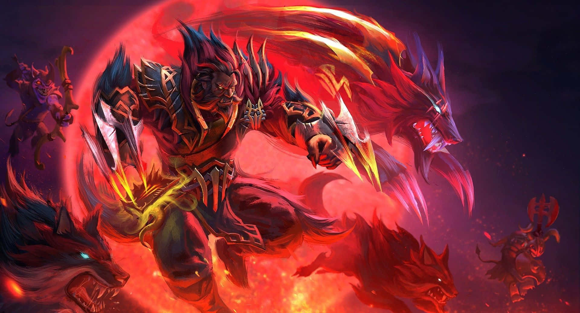 Dota 桌布 壁紙 — 一個擁有發光利爪和火焰翅膀的惡魔戰士，在熾熱的紅月下與怪獸般的狼群戰鬥。