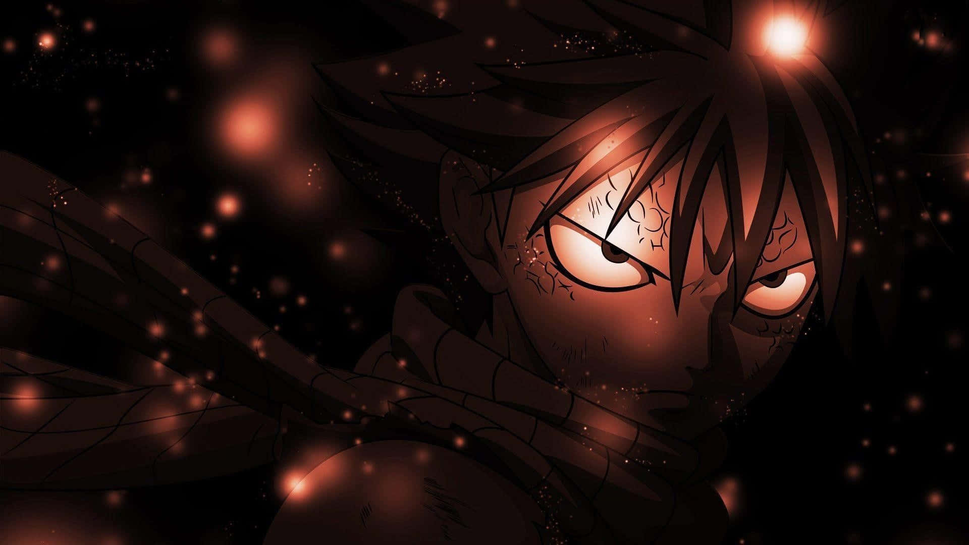 natsu dragneel 桌布 壁紙 — 一個擁有發光橙色眼睛和深色頭髮的動漫角色，在充滿漂浮餘燼的黑色背景下凝視著。