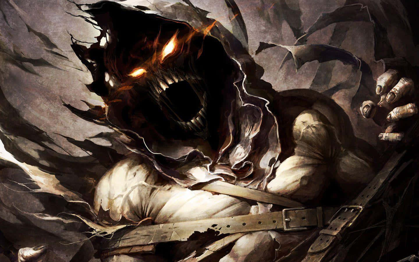 Cool Demon 桌布 壁紙 — 一個擁有發光橙色眼睛和鋸齒狀牙齒的怪物惡魔實體從黑煙中衝出，在混亂的火熱場景中緊抓著一個被束縛的人物。