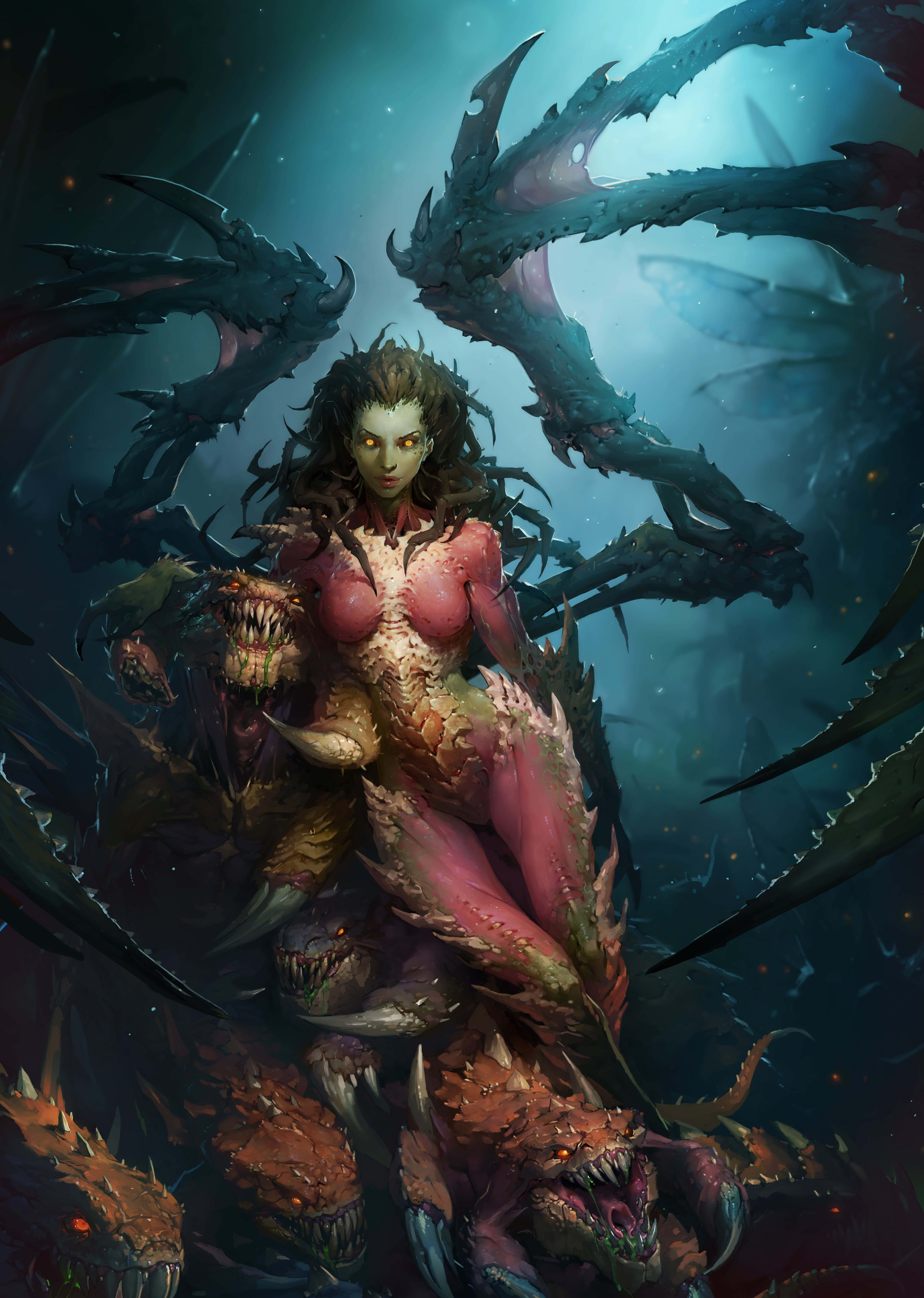 Starcraft Characters 桌布 壁紙 — 一個擁有發光眼睛和怪異四肢的怪物女性形象，騎著一群惡魔野獸穿過黑暗、詭異的水下深淵。